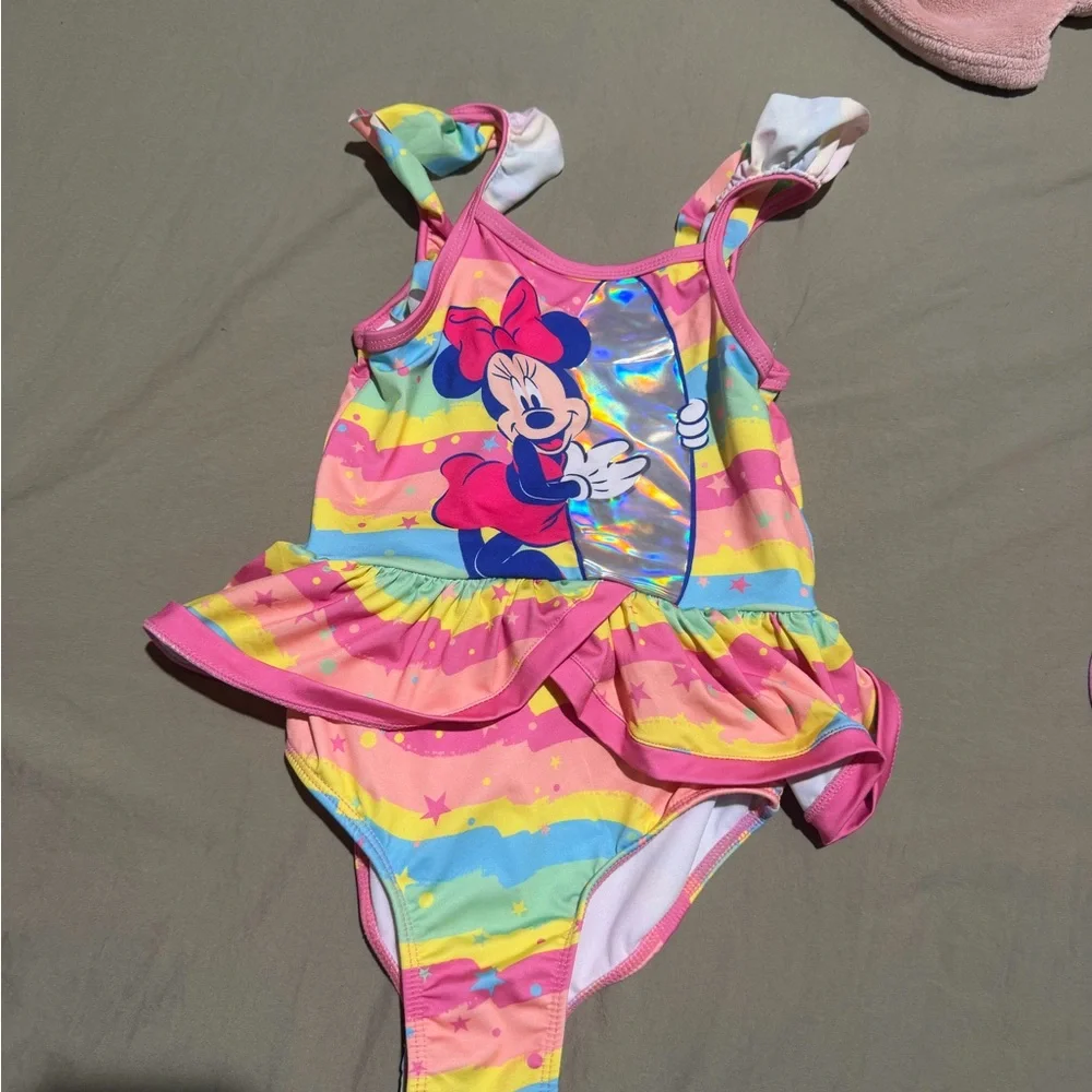 Disney Minnie Mouse Rainbow Stripe Ruffle One-Piece Swimsuit - Pink
